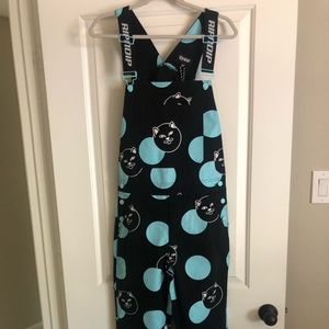 RIPNDIP Overalls Unisex Size 28 Black Denim Vivid Light Blue Dots & JERMAL Cat